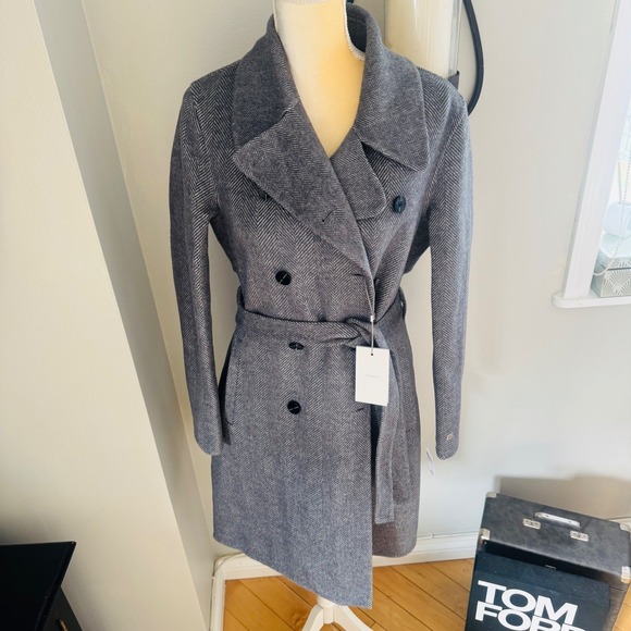 Soia & Kyo Safira Double Breasted Wool Herringbone Coat Black/Gray Medium‎ NWT